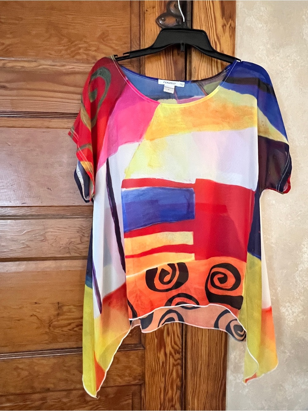 Feratelli Women’s Tunic Top Size L Sheer Artsy Asymmetrical Rainbow Eccentric
